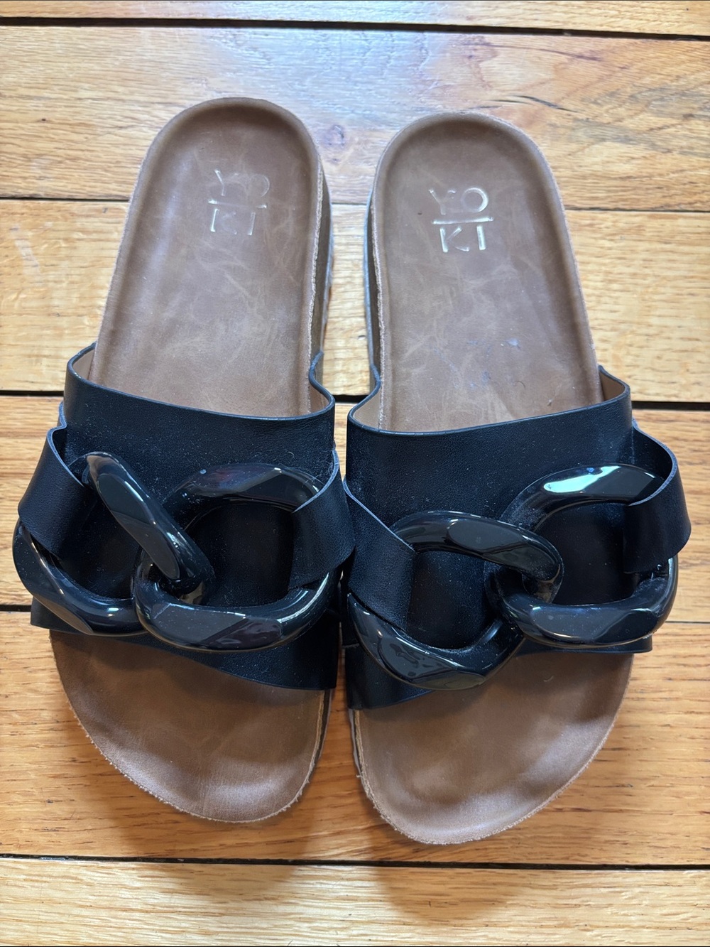 Black Slide Sandals with Chain Accent